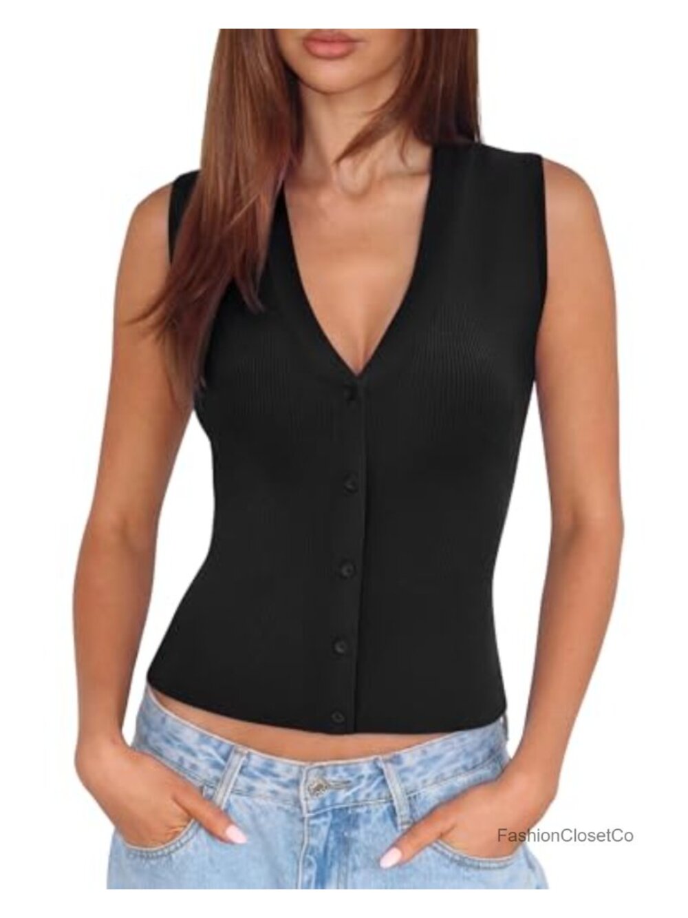 Sleeveless V-Neck Button Down Ribbed Knit Tank Top Business Casual Summer Vest